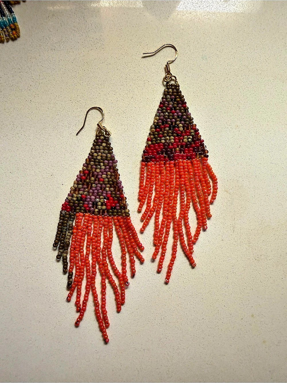 Handmade Beaded Fringe Earrings in Orange & Brown